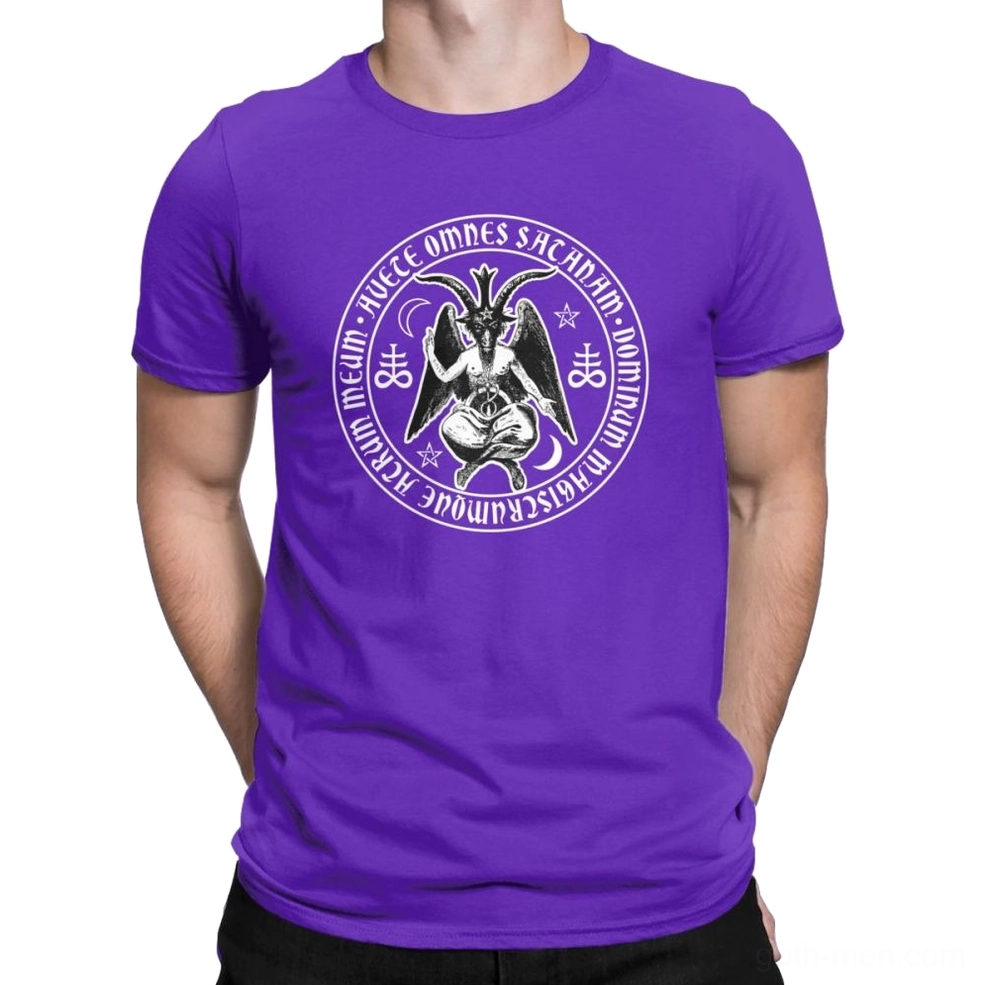 Purple Baphomet satanic cross graphic gothic t-shirt for men with circular demon print