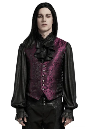 Men's purple black jacquard floral gothic waistcoat front three-quarter view with model