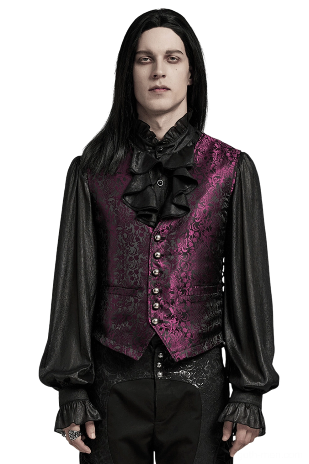 Men's purple black jacquard floral gothic waistcoat front three-quarter view with model