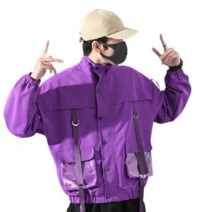 Purple gothic cargo jacket with snap button closure and webbing details, front view on male model
