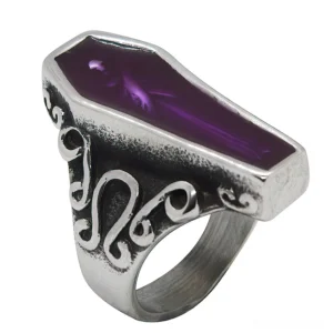 Purple coffin mummy ring with vintage scroll engraving and purple enamel inlay, left three-quarter view on white background