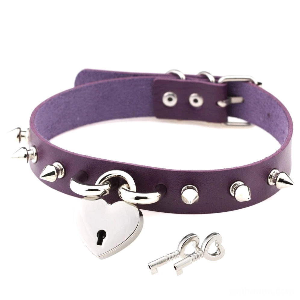 Dark purple PU leather gothic spike choker with heart lock and silver metal components