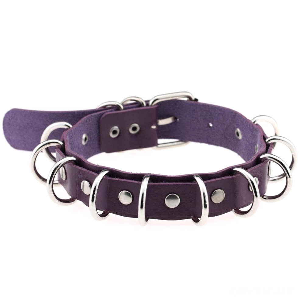 Deep purple faux leather gothic choker with metal rings mystical dark aesthetic on white background