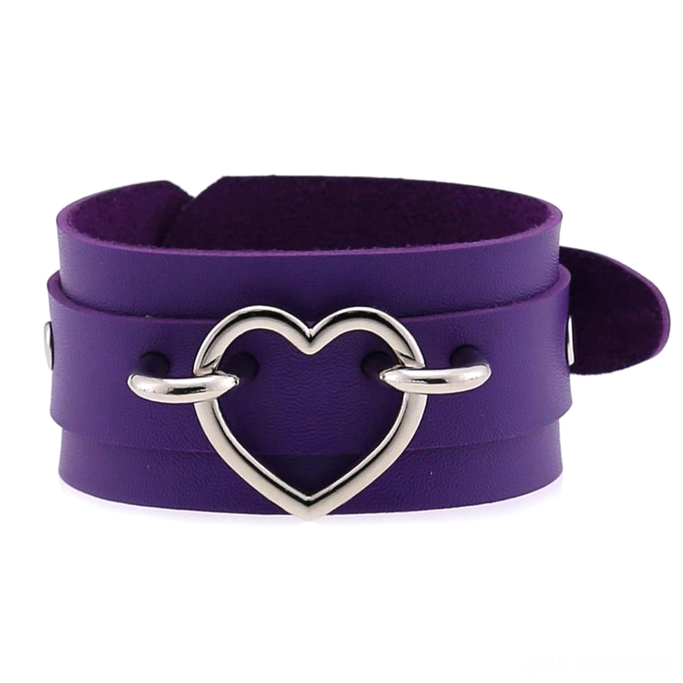 Purple double-layer leather heart cuff bracelet with silver heart metal decoration, romantic gothic jewelry flat lay