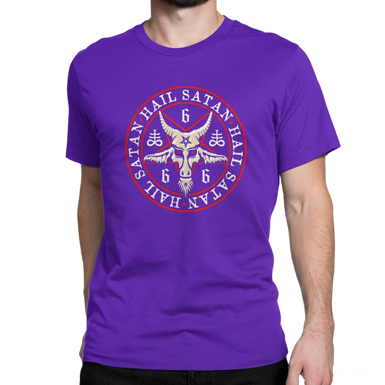 Purple occult pentagram graphic t-shirt on model - hail satan symbolism dark fashion