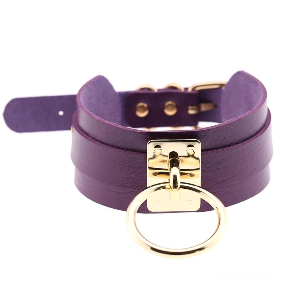 Purple PU leather bondage choker with adjustable fit and gold metal ring detail for gothic styling