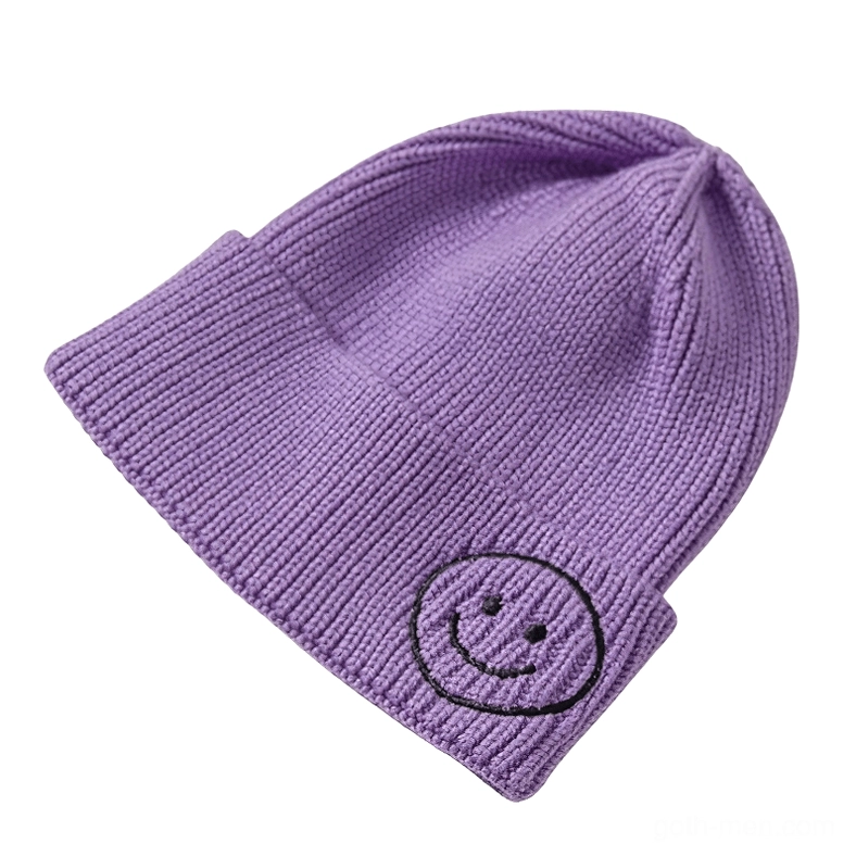 Purple ribbed knit beanie with black smiley face embroidery, mystical gothic accessory