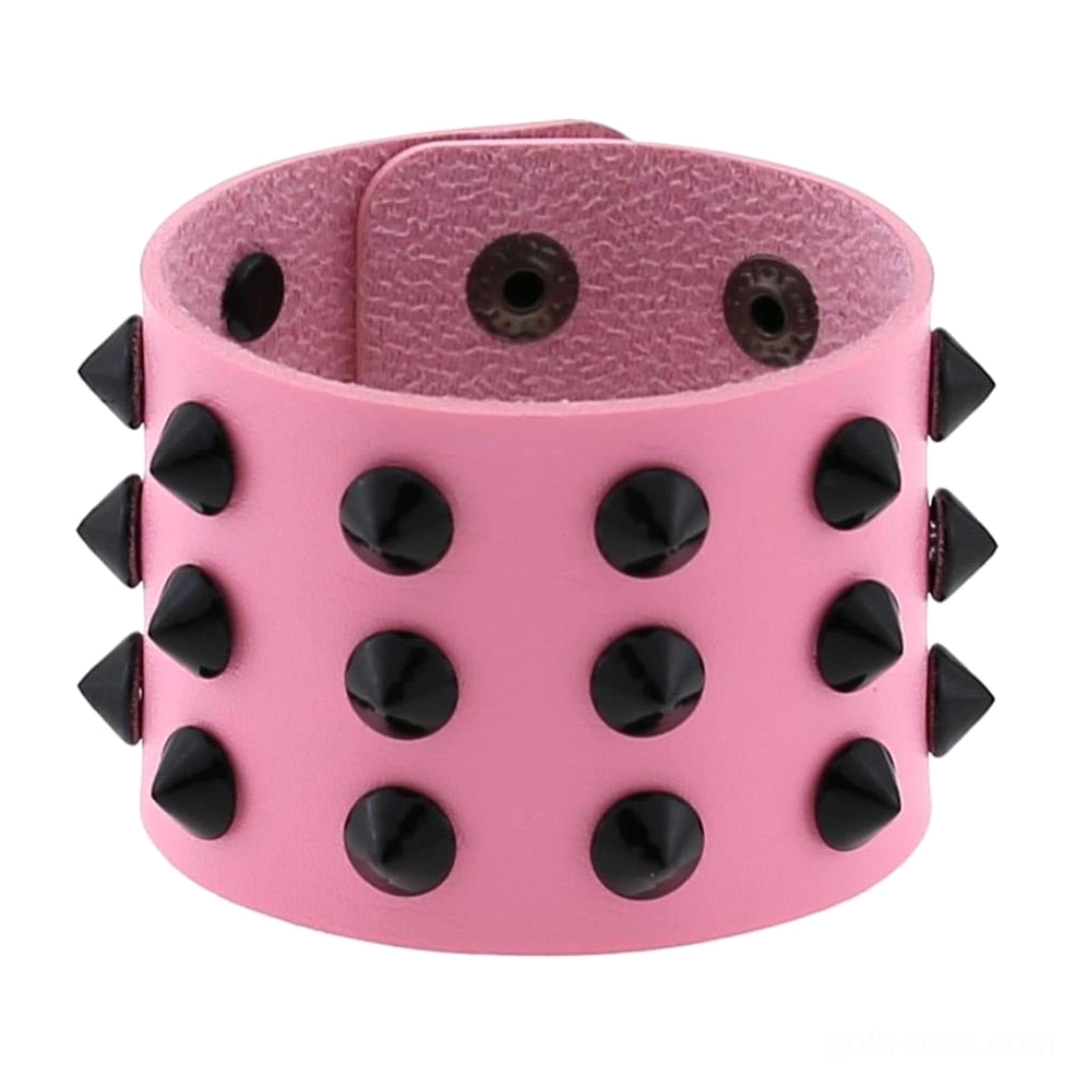 Purple vegan leather wide spike bracelet front view showing detailed spike arrangement