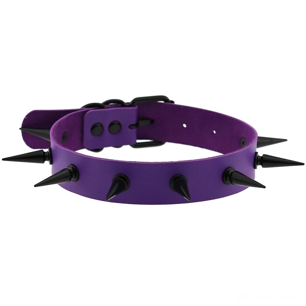 Purple leather spiked choker with matte black metal studs, dark alternative collar