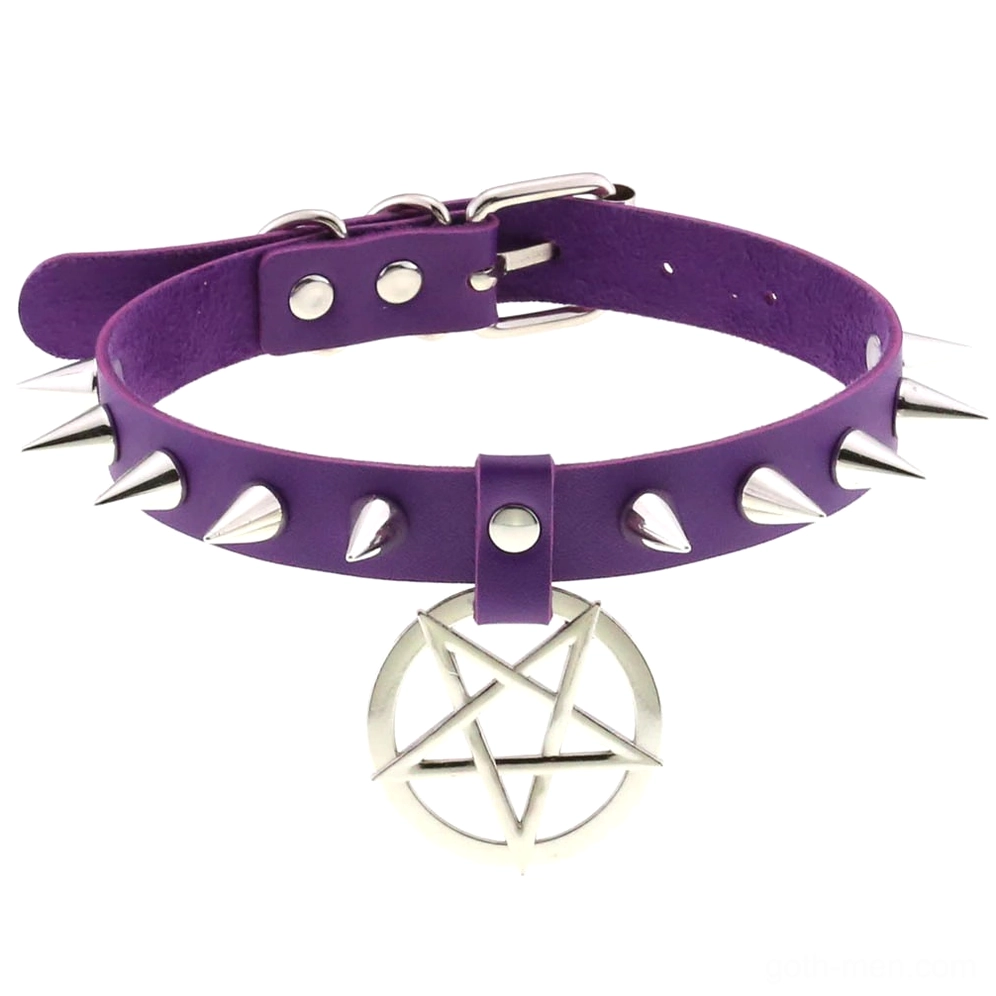 Deep purple spiked choker with pentagram charm and silver metal studs, occult aesthetic
