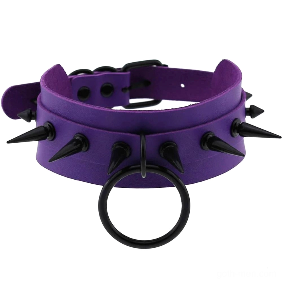 Purple spiked leather choker necklace with matte black studs - gothic mystical style