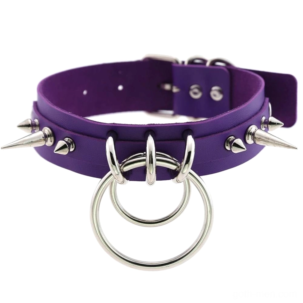 Purple spiked PU leather choker with dual O-rings and metal spike embellishments