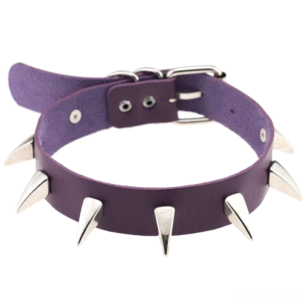 Purple spiked leather gothic choker with adjustable metal buckle clasp