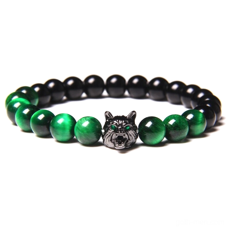 Purple stone wolf charm bracelet, elastic beaded design with dark gothic aesthetic and animal symbol