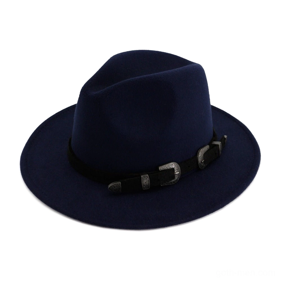 Purplish blue gothic trilby fedora hat with vintage double buckle strap, dark aesthetic styling