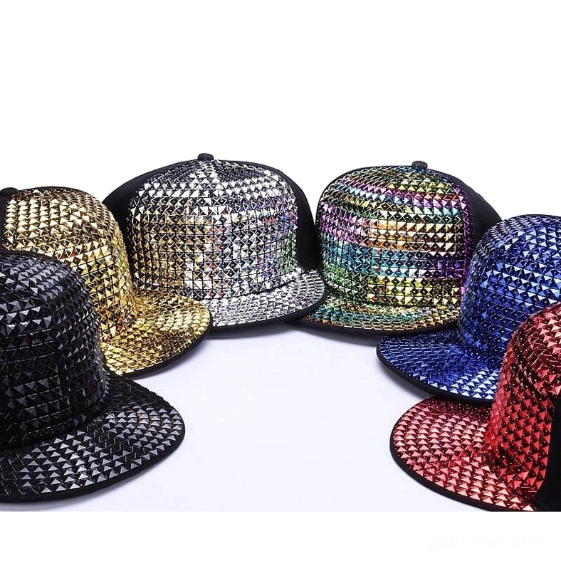 Pyramid studded snapback cap visor detail showing stud craftsmanship quality