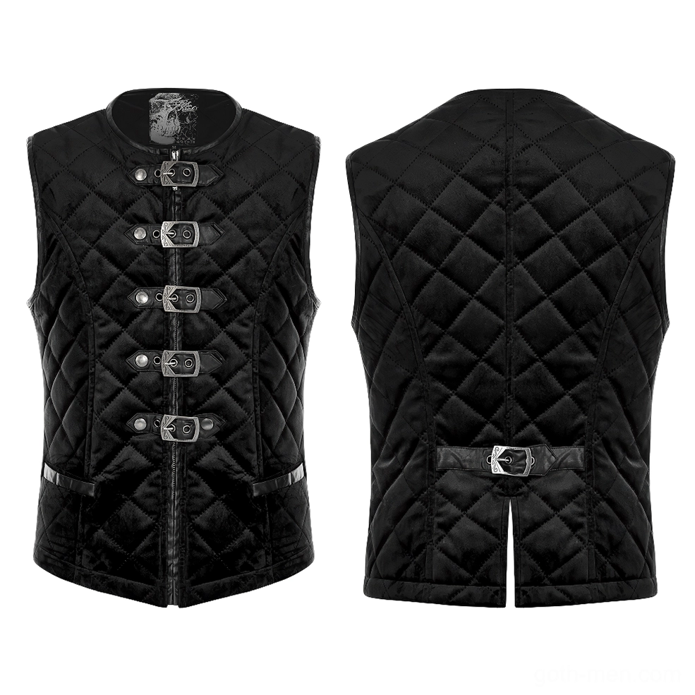 Flat lay front and back of black velvet quilted gothic waistcoat showing diamond quilting and buckles