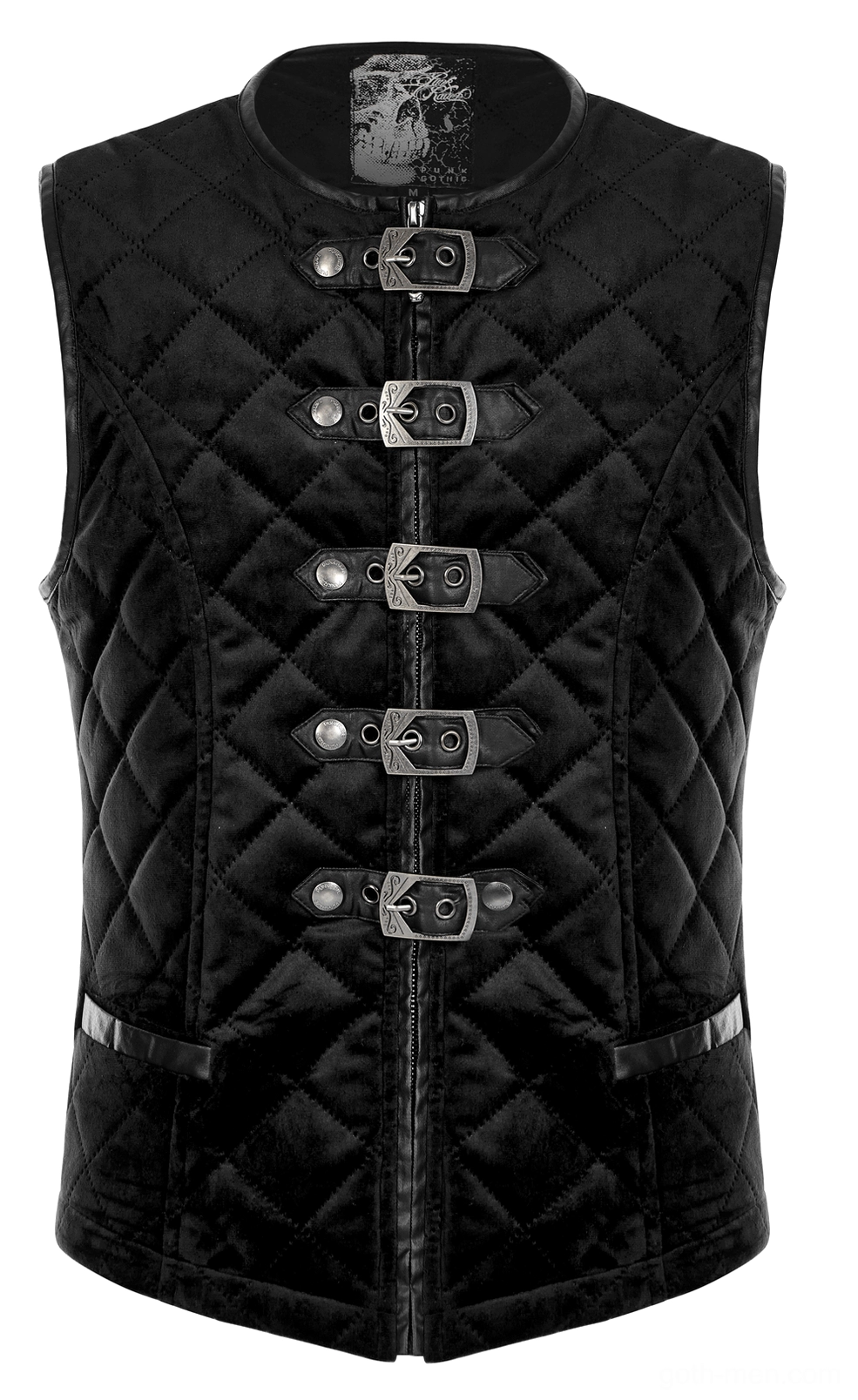 Front flat lay of quilted gothic waistcoat showing stand collar and metal buckle closure details