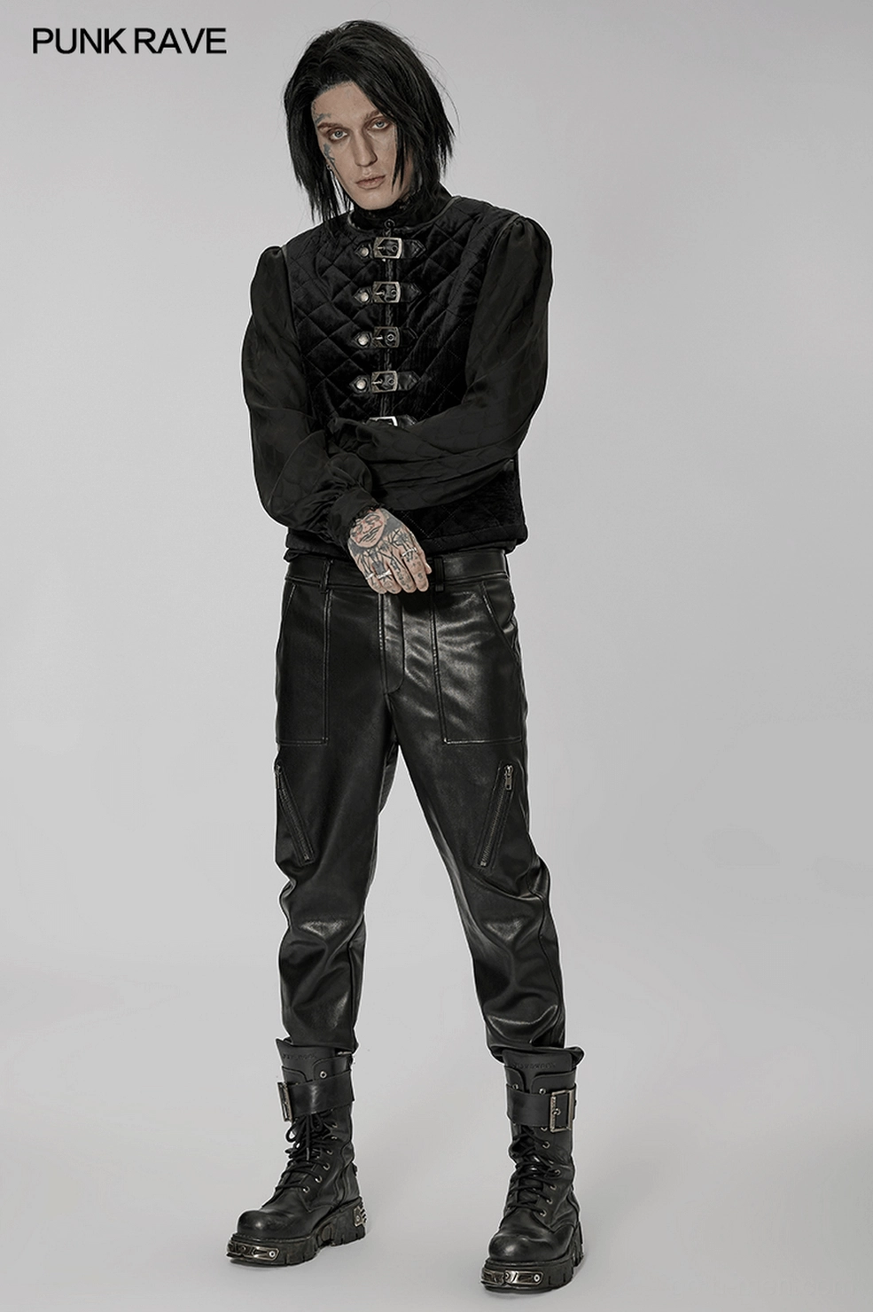 Model wearing quilted gothic waistcoat layered over shirt demonstrating gothic styling potential