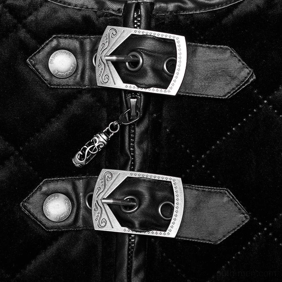 Detailed close-up of carved metal buckles and hidden zipper closure on quilted gothic waistcoat