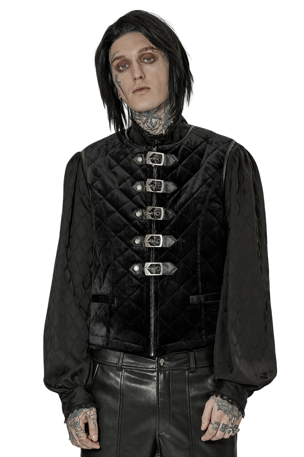 Black quilted gothic waistcoat with metal buckles front three-quarter view on male model with tattoos