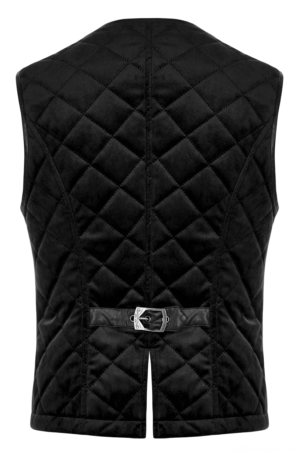 Rear flat lay of quilted gothic waistcoat showing back split and metal adjustment buckle