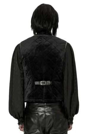 Gothic quilted waistcoat rear view showing back split design and metal waist adjuster strap