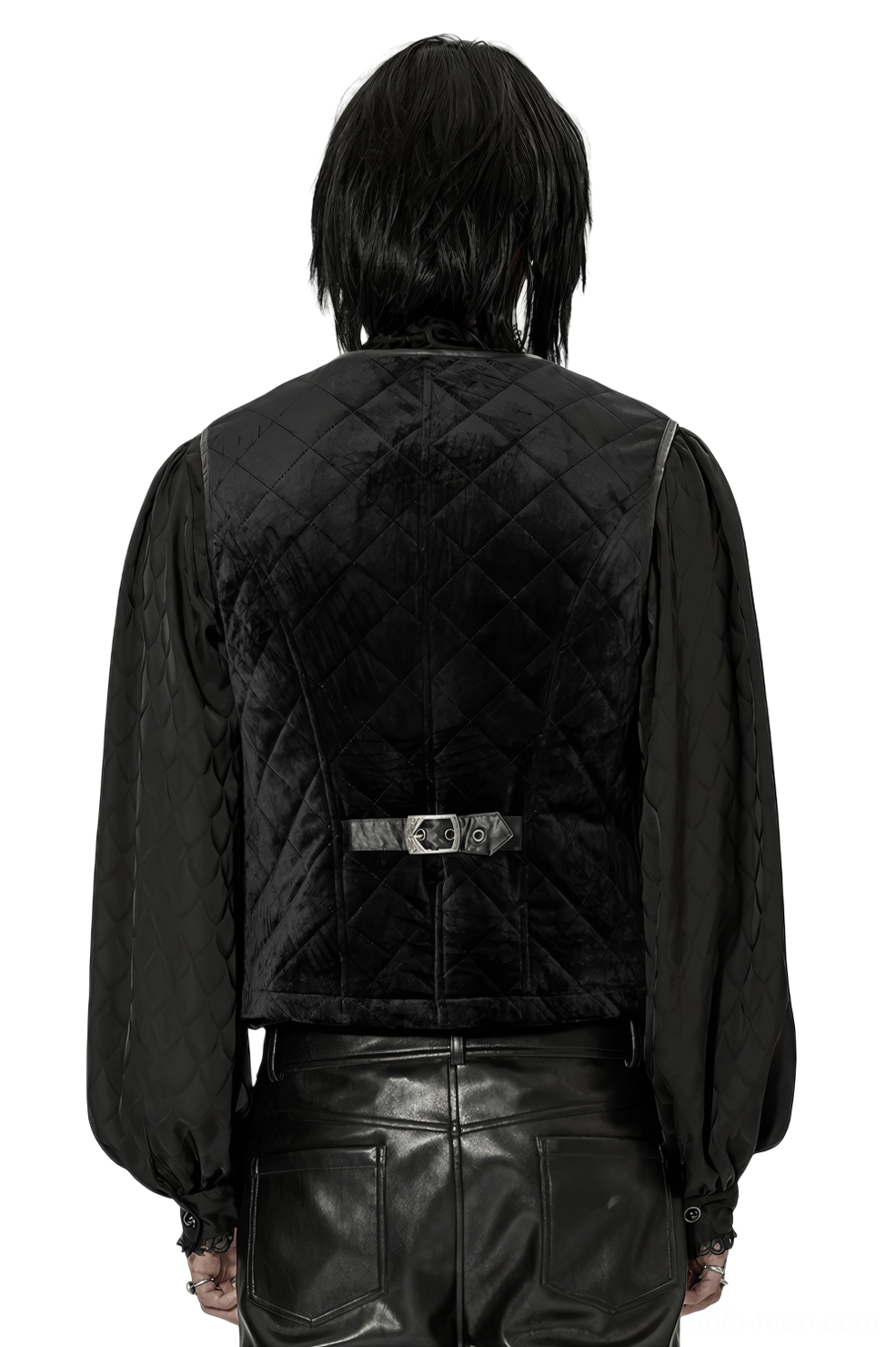 Gothic quilted waistcoat rear view showing back split design and metal waist adjuster strap