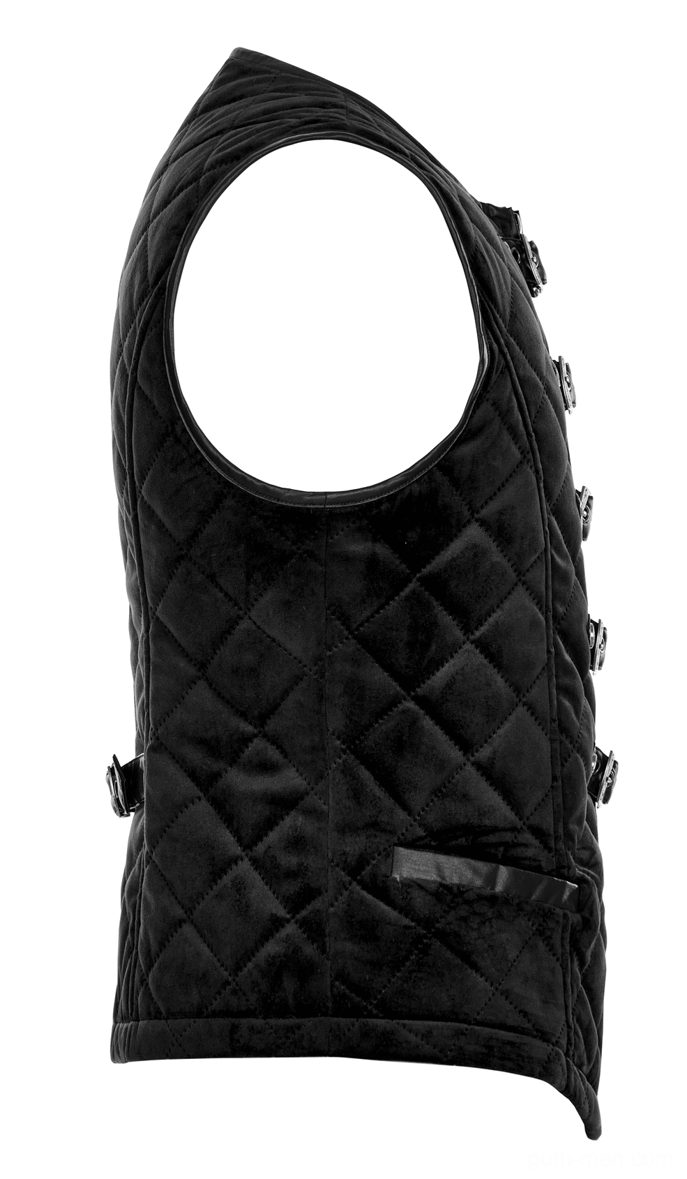 Side flat lay of gothic quilted waistcoat showing armhole construction and side pocket design