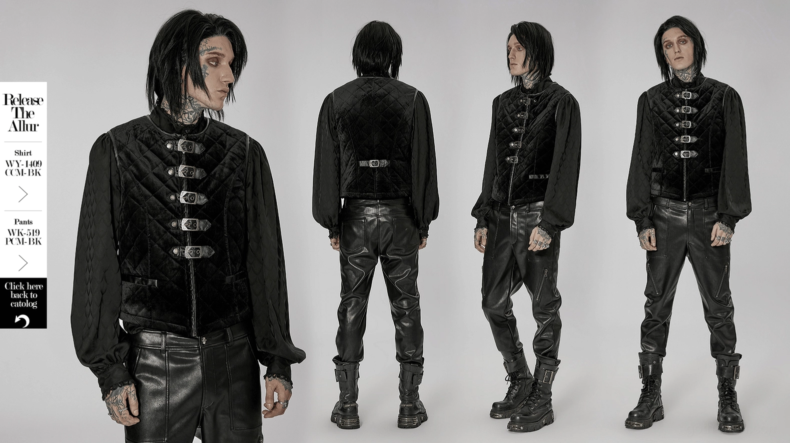 Full body front view of model in black quilted gothic waistcoat with metal buckle closures