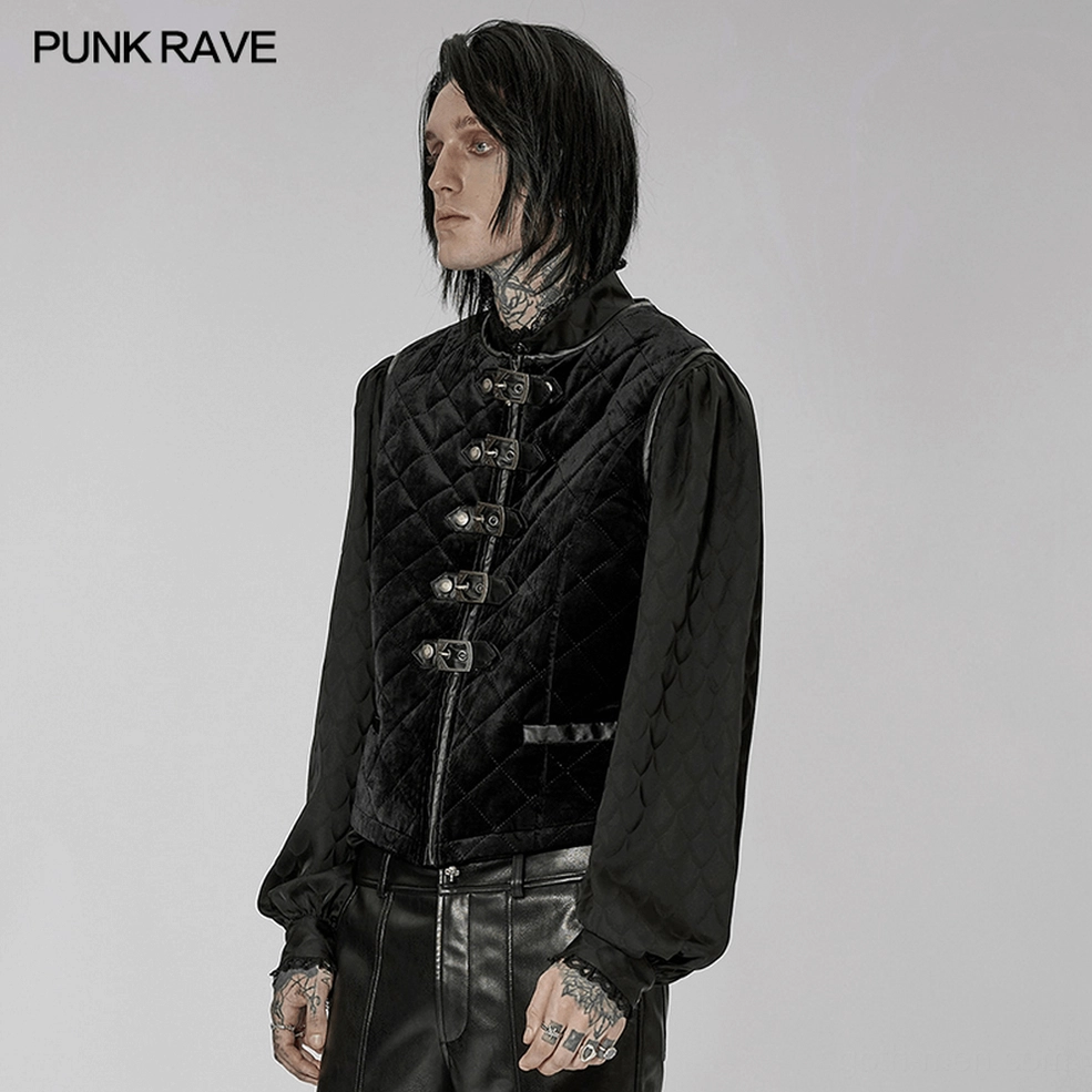 Full body rear view of model wearing black quilted gothic waistcoat with layered styling