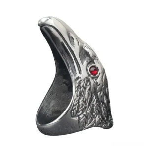Raven head gothic ring inner band detail showing stainless steel construction and feather texture