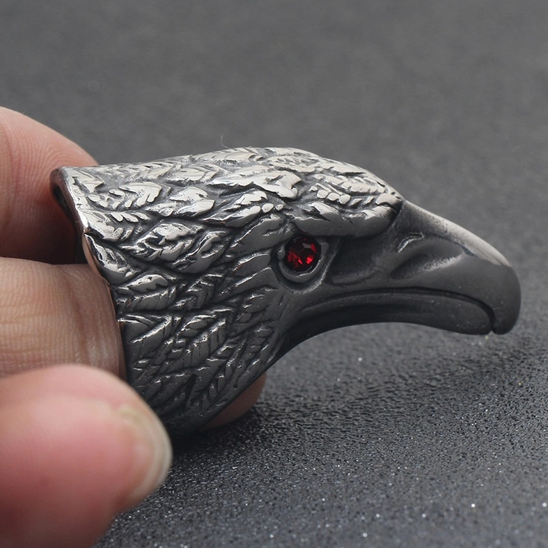 Raven head gothic ring right side view highlighting realistic beak and feather texture