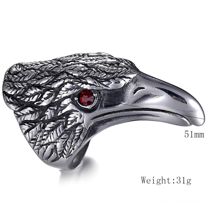 Raven head stainless steel ring specifications showing 51mm width and 31g weight