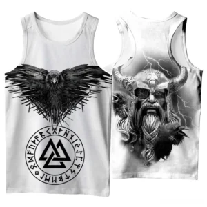 Raven and Odin Nordic gothic tank top front view with 3D printed raven, rune circle and valknut symbol on white sleeveless tee