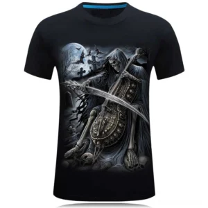 Black gothic reaper musician skull t-shirt with 3D printed graphic and blue collar trim, front view on flat display