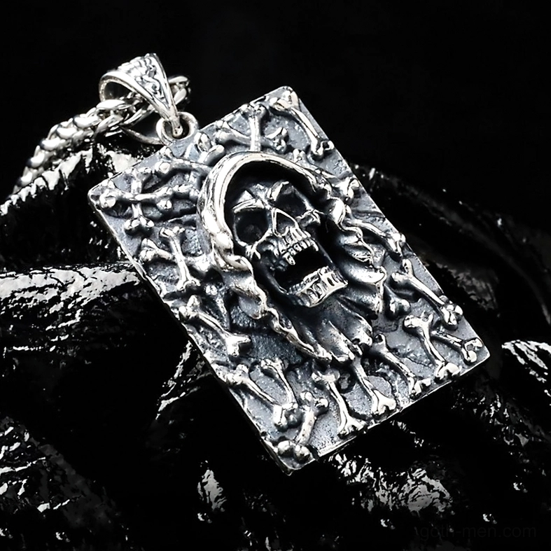 Full 3D embossed grim reaper figure with complex bone motif border, oxidized sterling silver pendant