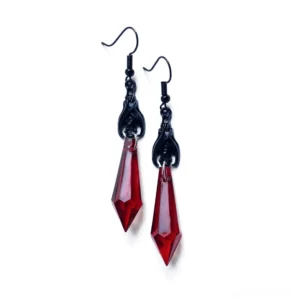 Red gothic bat drop earrings with transparent red faceted teardrop pendants and ornate black hardware