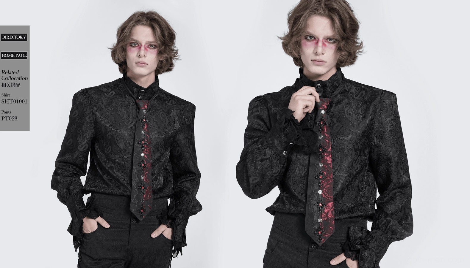 Complete gothic red-black floral necktie display showcasing slim-fitting cut, crystal adornments, and alternative fashion styling