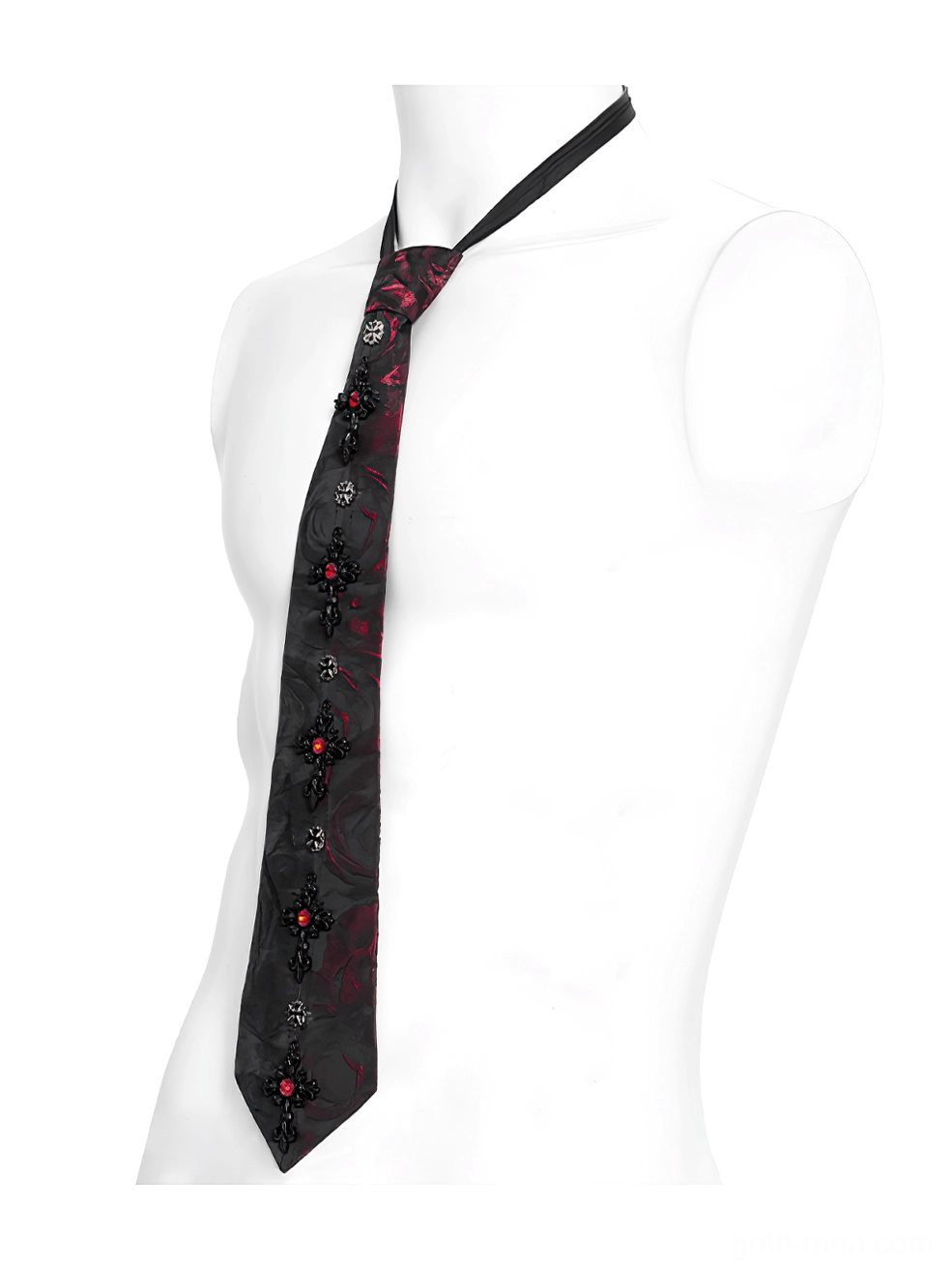 Gothic red-black floral necktie tied knot on mannequin torso, displaying metal crystal ornaments, front hanging view