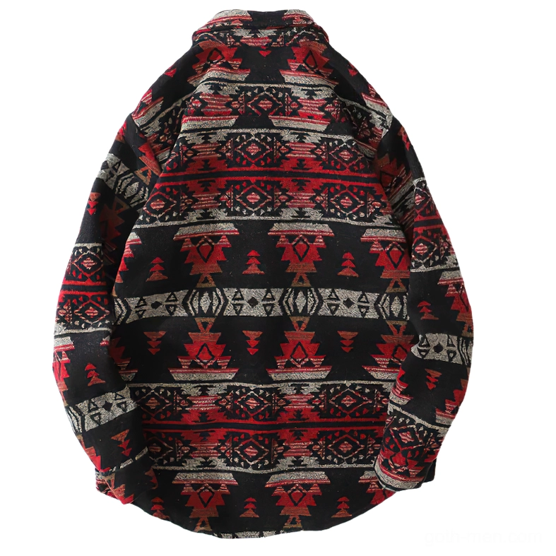 Red black geometric tribal print gothic shirt back view full totem pattern long loose sleeves