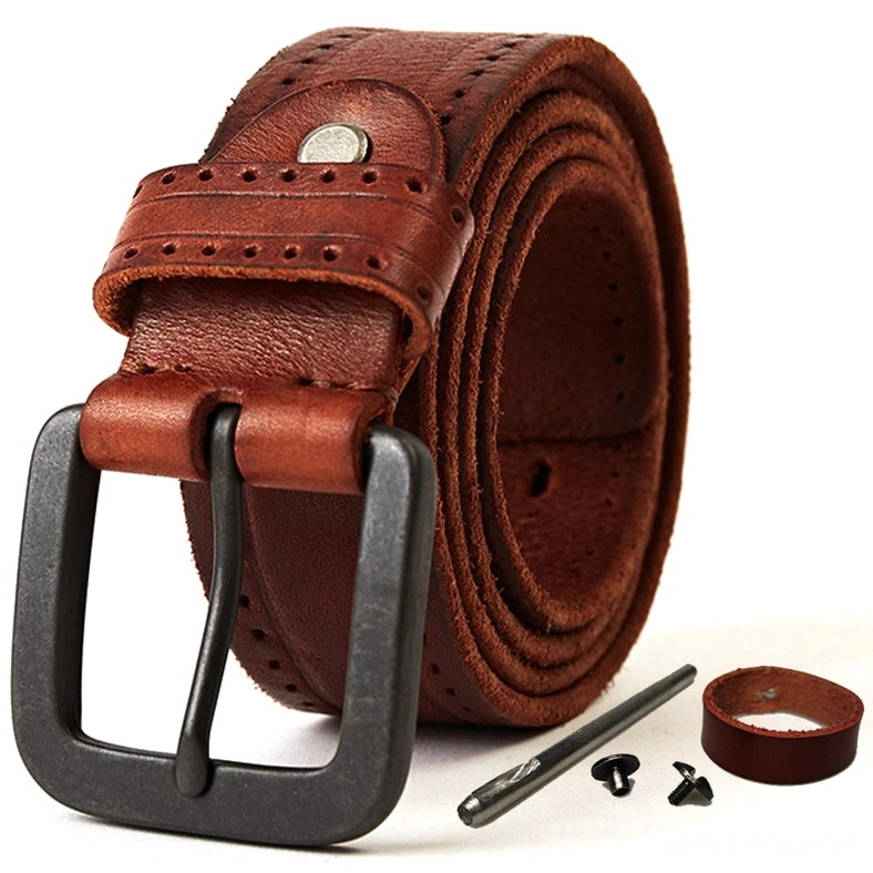 Red-brown reddish genuine leather gothic belt, close-up front view with square metal buckle and installation accessories included