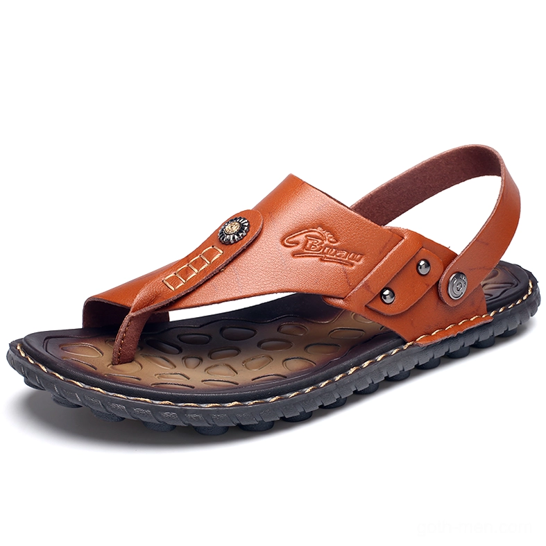Red brown leather ankle-wrap gothic sandals convertible back strap men's flip-flops low view