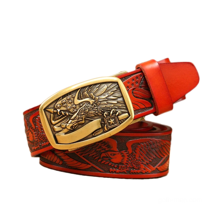 Red leather gothic eagle belt with gold metal buckle - flat lay detail view