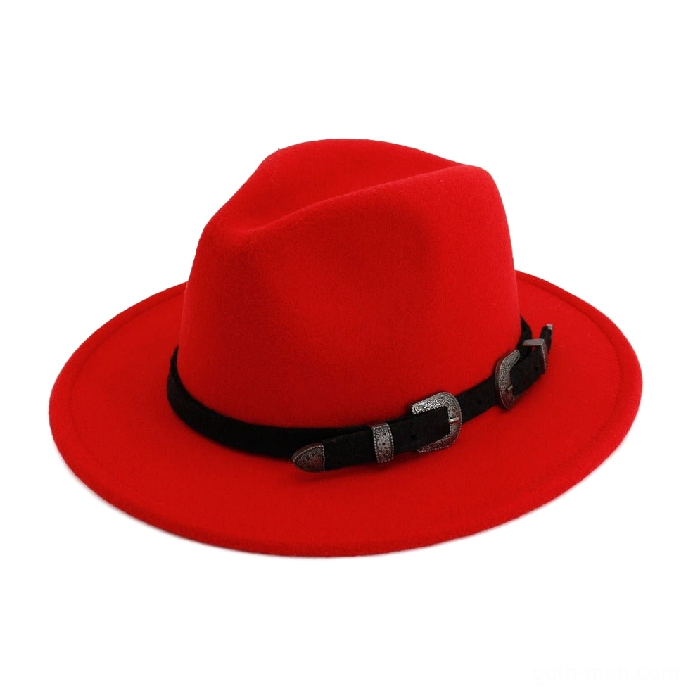 Red felt vintage trilby fedora with antique western belt buckle detail, punk rock aesthetic