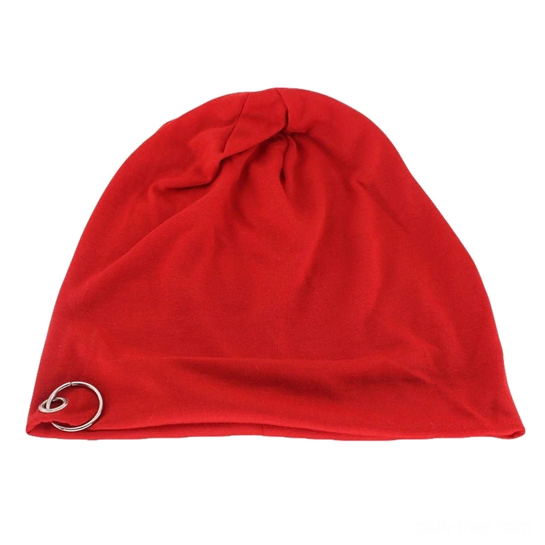 Red gothic slouch beanie with double metal hoops flat front view, goth style