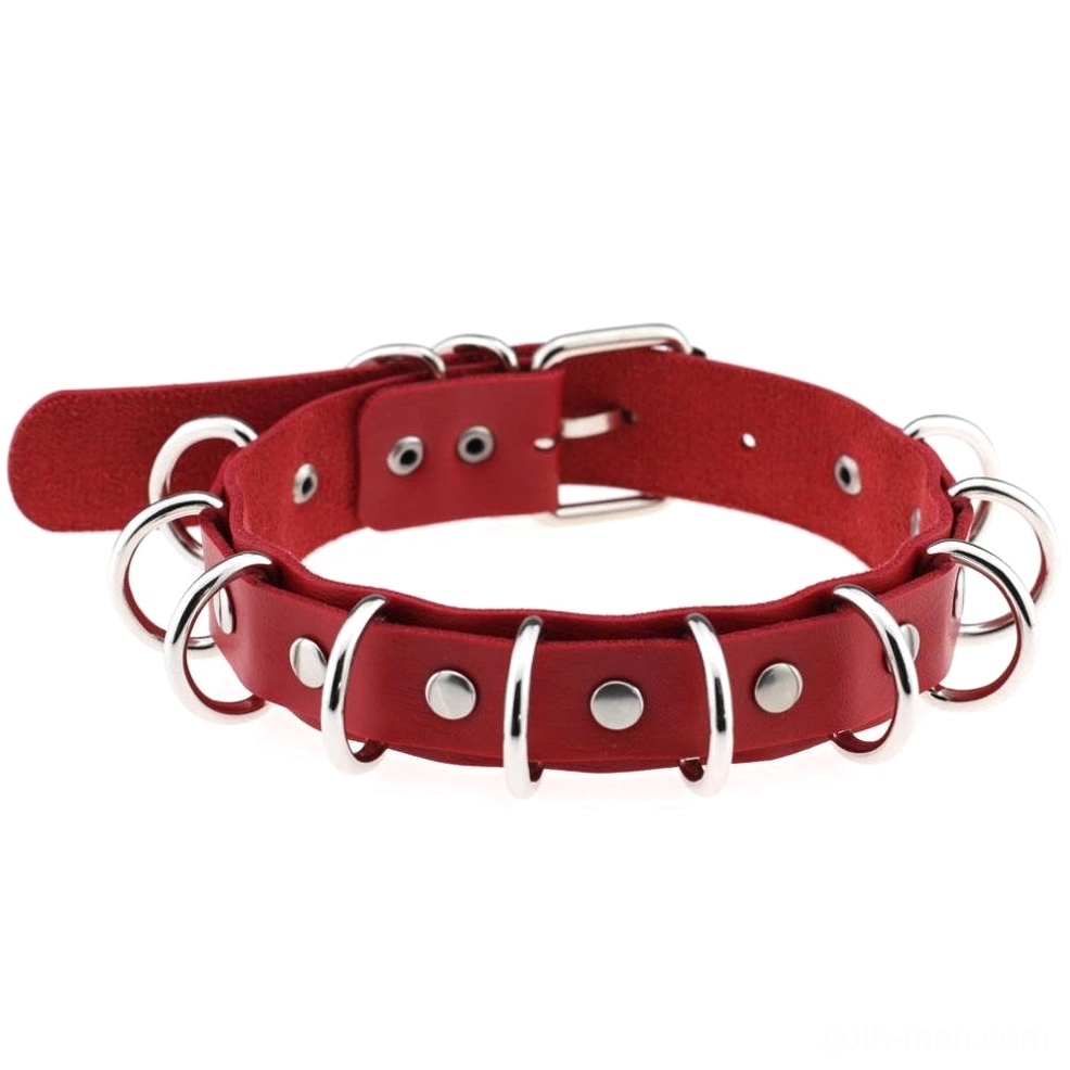 Red faux leather punk choker with silver metal rings gothic style necklace on white background