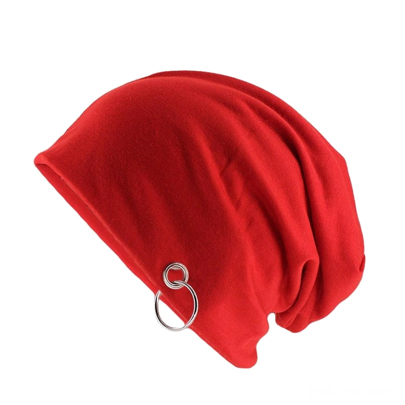 Red gothic slouch beanie with dual metal hoop accent, romantic goth winter hat