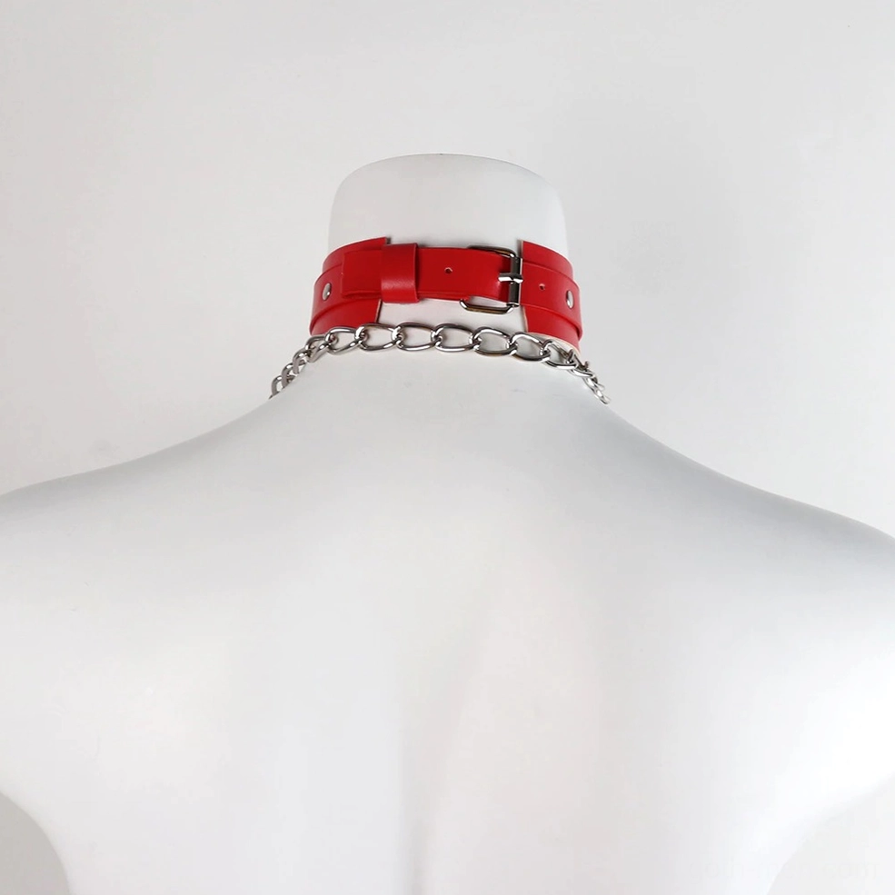 Red gothic collar back view showing adjustable metal buckle strap and chain attachment - rear perspective on mannequin