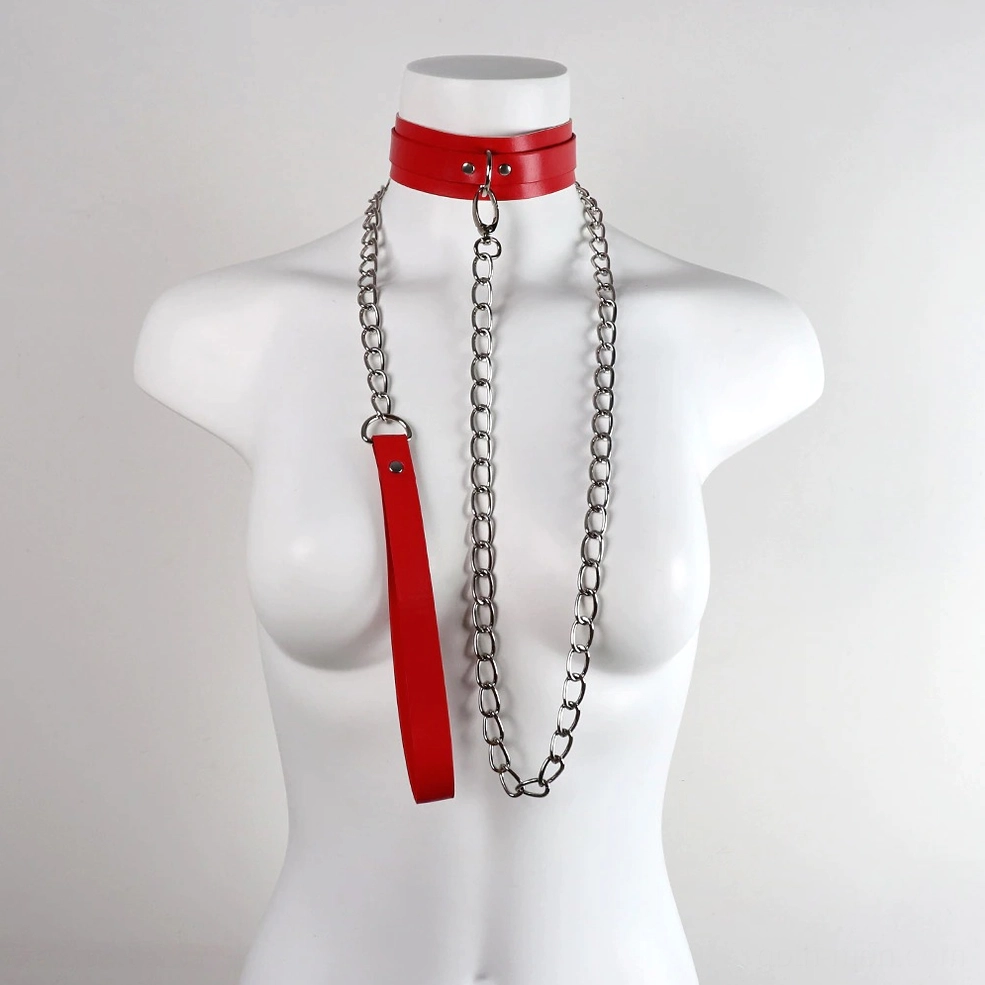 Red gothic chain collar with central leather leash and dual metal chains - front-facing style on female mannequin